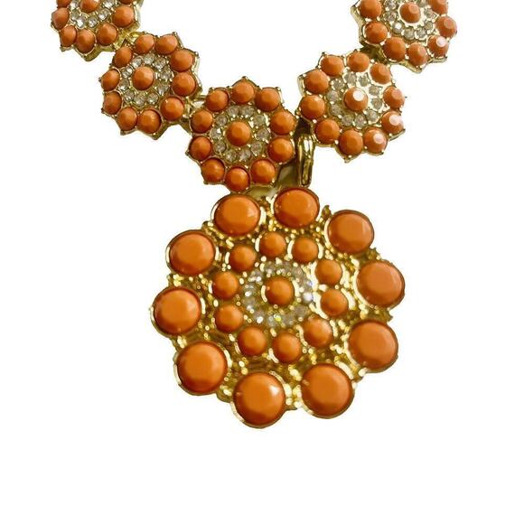 Premier Designs Orange Acrylics Clear Crystal Convertible Necklace Removable Pin - Picture 2 of 8
